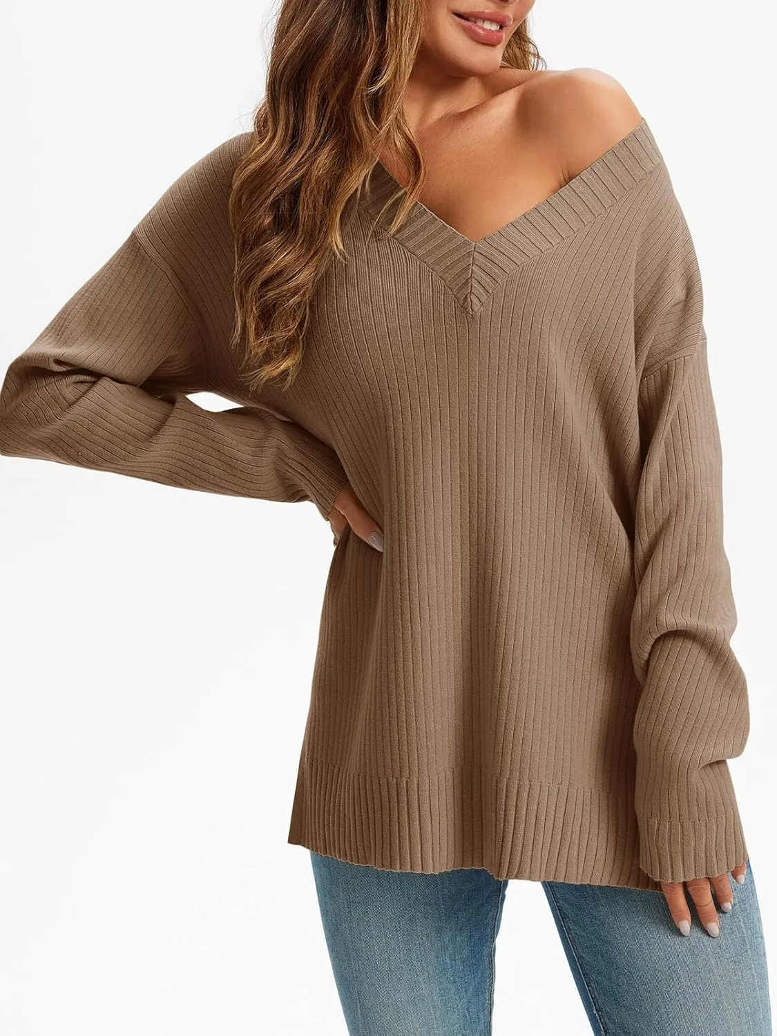 Saodimallsu Womens V Neck Sweater 2024 Fall Oversized Ribbed Knit Trendy Slit Casual Loose Fit Long Sleeve Pullover Top