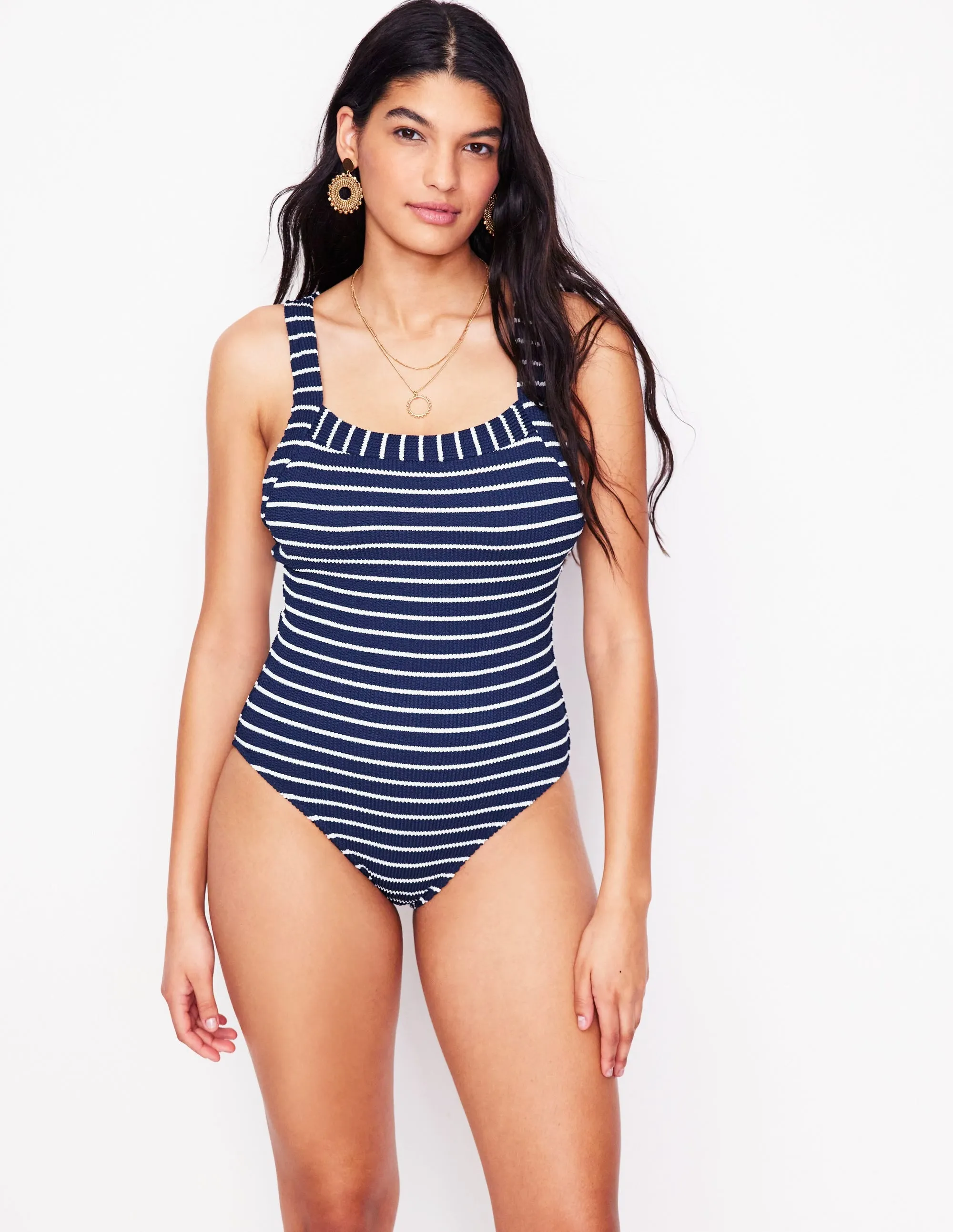Scoop Cross Back Swimsuit-Navy/ Ivory