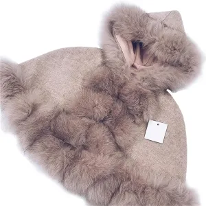 SE-12 Kids Cashmere Cape Coat With Real Fox Fur Trim And Hood Big Collar Hooded Poncho Furry Wool Shawl Fur Trimmed Big Fluffy Middle Length Cloak For Little Girls Warm Jacket (Custom Size, Coffee)