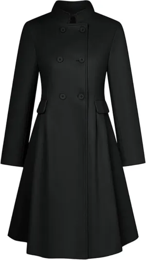 SEMATOMALA Women's Winter Wool Blend Swing Dress Coat Stand Collar Double Breasted Trench Coat A Line Pea Coat
