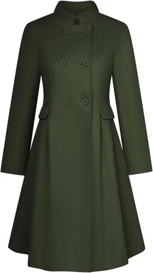 SEMATOMALA Women's Winter Wool Blend Swing Dress Coat Stand Collar Double Breasted Trench Coat A Line Pea Coat