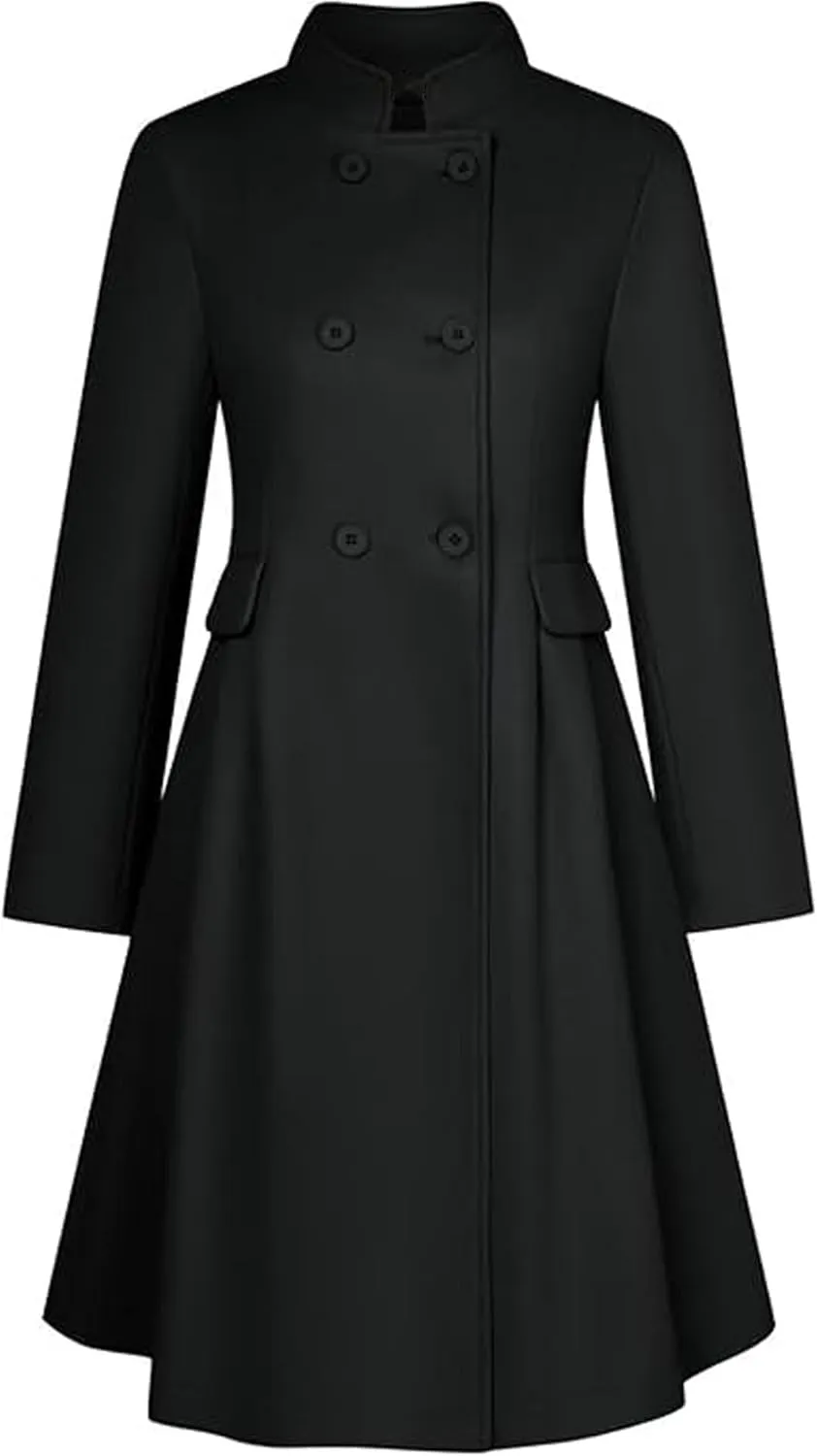 SEMATOMALA Women's Winter Wool Blend Swing Dress Coat Stand Collar Double Breasted Trench Coat A Line Pea Coat