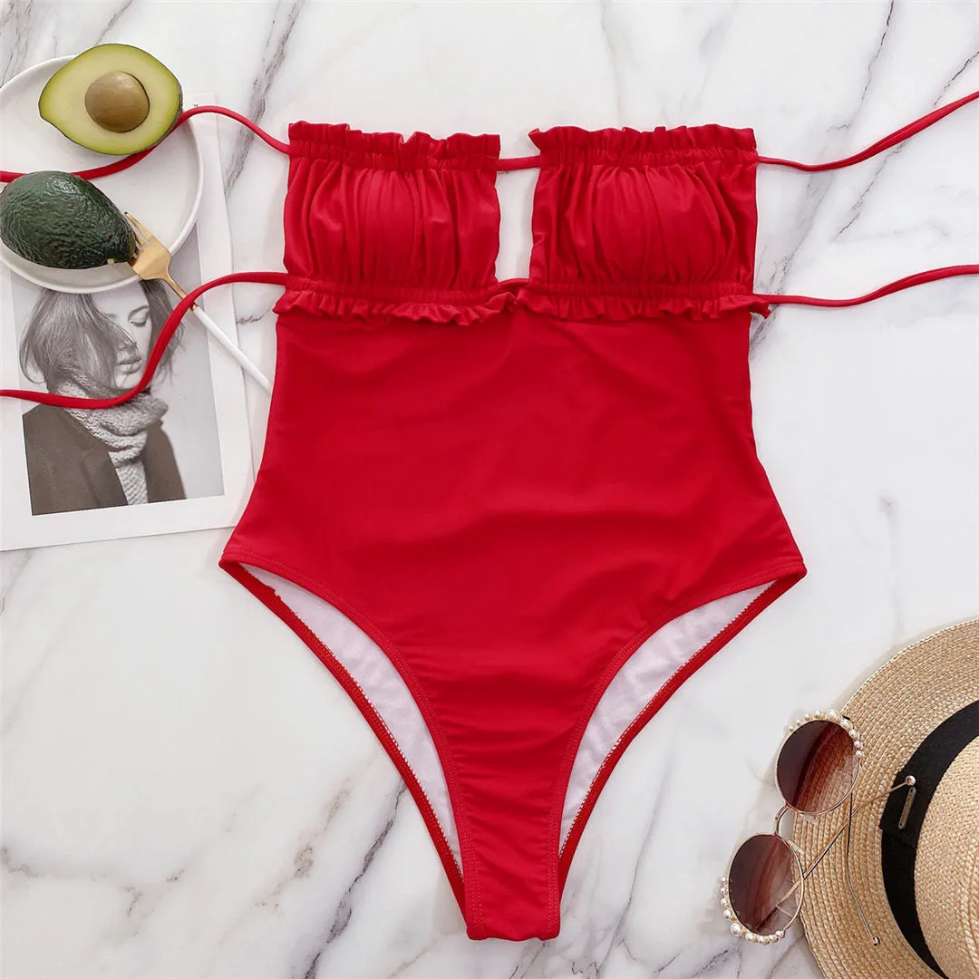 Sexy Red Padded Bandeau Women Swimwear One Piece Swimsuit Female Ruffled Frilled Strapless Bather Bathing Suit Swim V2769