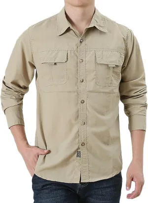 Shirts for Men Long Sleeve Button up Quick Dry Durable Cargo Shirt Big Tall Casual Outdoor Hiking Shirts with Pockets