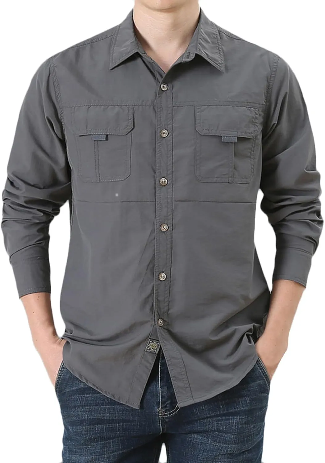 Shirts for Men Long Sleeve Button up Quick Dry Durable Cargo Shirt Big Tall Casual Outdoor Hiking Shirts with Pockets