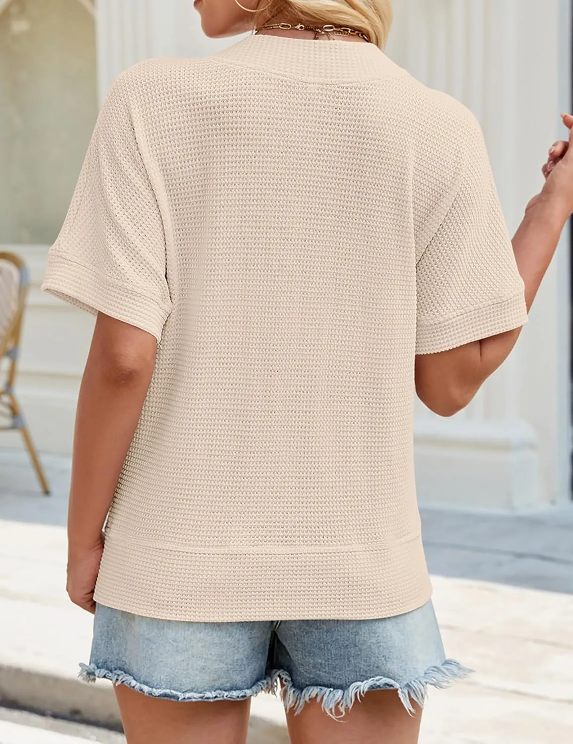 SimpleFun Womens Summer Tops Short Sleeve V Neck Waffle Knit Button Down Shirts Dressy Casual Blouses