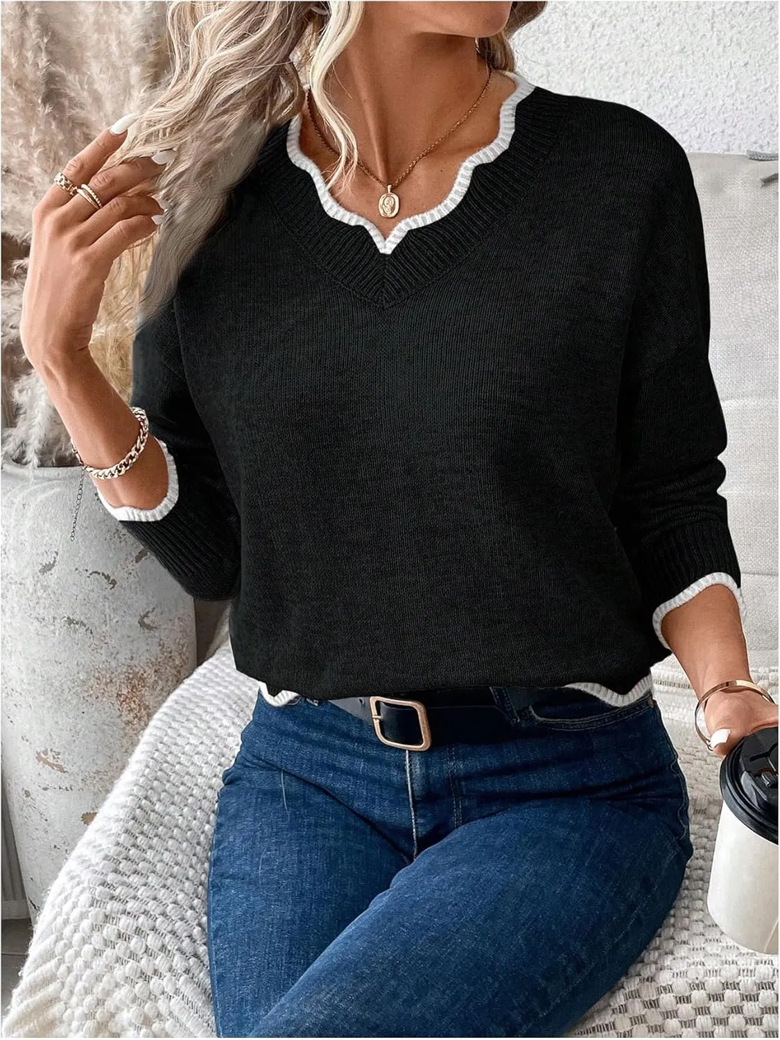 SOLY HUX Women's Long Sleeve Sweaters V Neck Knitted Sweater Tops Loose Jumper Pullover Fall Outfits
