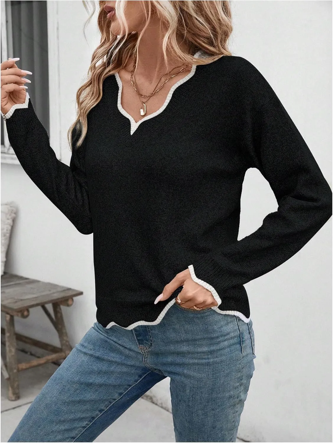 SOLY HUX Women's Long Sleeve Sweaters V Neck Knitted Sweater Tops Loose Jumper Pullover Fall Outfits