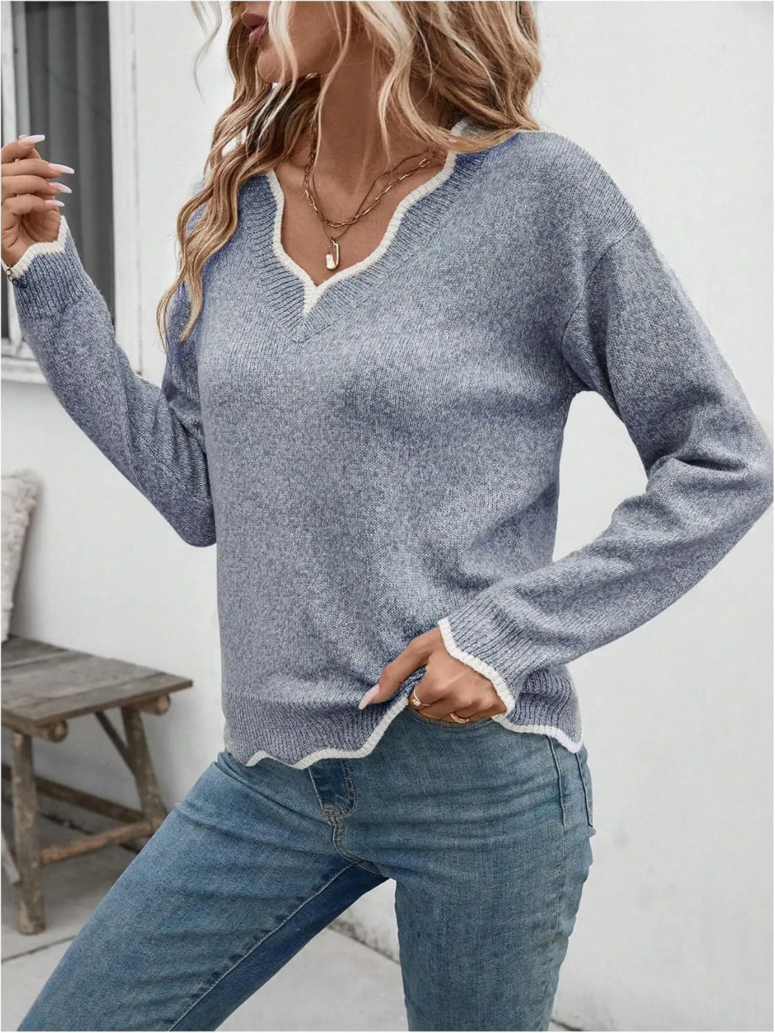 SOLY HUX Women's Long Sleeve Sweaters V Neck Knitted Sweater Tops Loose Jumper Pullover Fall Outfits