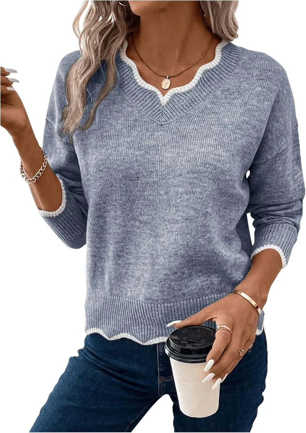 SOLY HUX Women's Long Sleeve Sweaters V Neck Knitted Sweater Tops Loose Jumper Pullover Fall Outfits