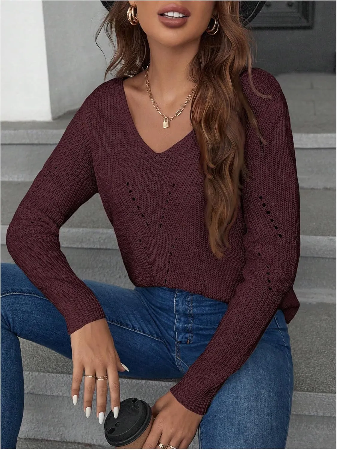 SOLY HUX Women's Sweaters Lace Bow Back Long Sleeve V Neck Pullover Casual Jumper Tops