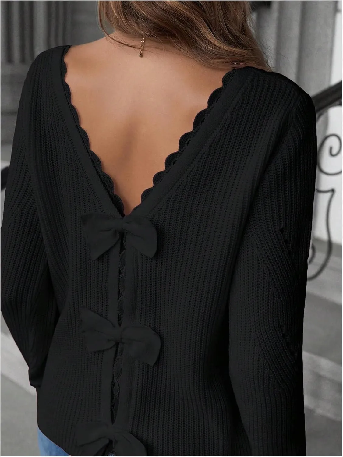 SOLY HUX Women's Sweaters Lace Bow Back Long Sleeve V Neck Pullover Casual Jumper Tops