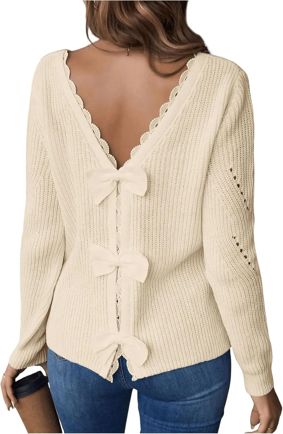 SOLY HUX Women's Sweaters Lace Bow Back Long Sleeve V Neck Pullover Casual Jumper Tops