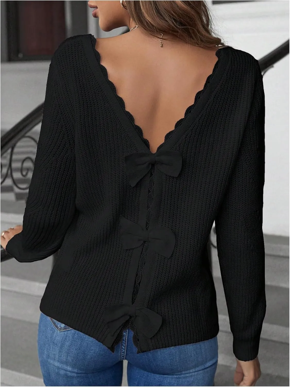 SOLY HUX Women's Sweaters Lace Bow Back Long Sleeve V Neck Pullover Casual Jumper Tops