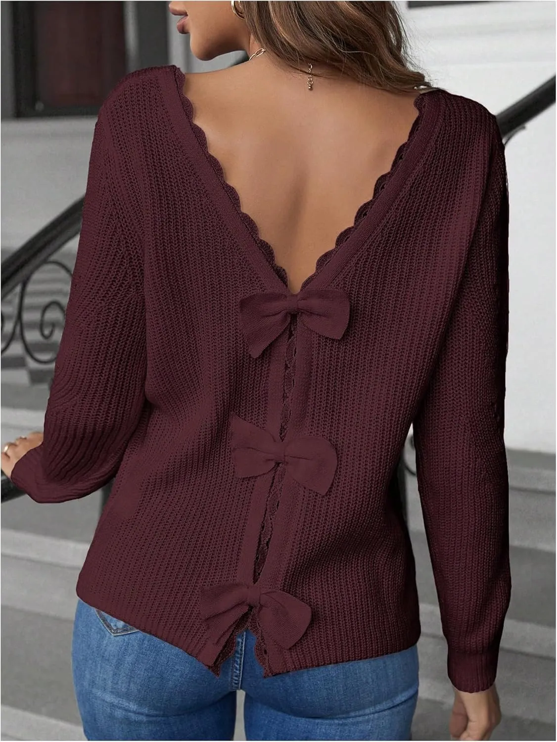 SOLY HUX Women's Sweaters Lace Bow Back Long Sleeve V Neck Pullover Casual Jumper Tops