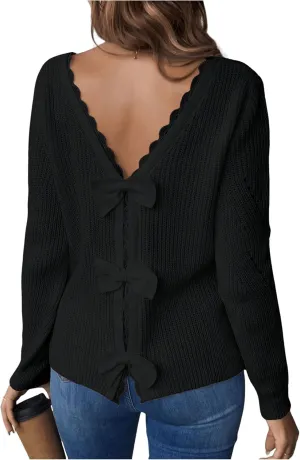 SOLY HUX Women's Sweaters Lace Bow Back Long Sleeve V Neck Pullover Casual Jumper Tops