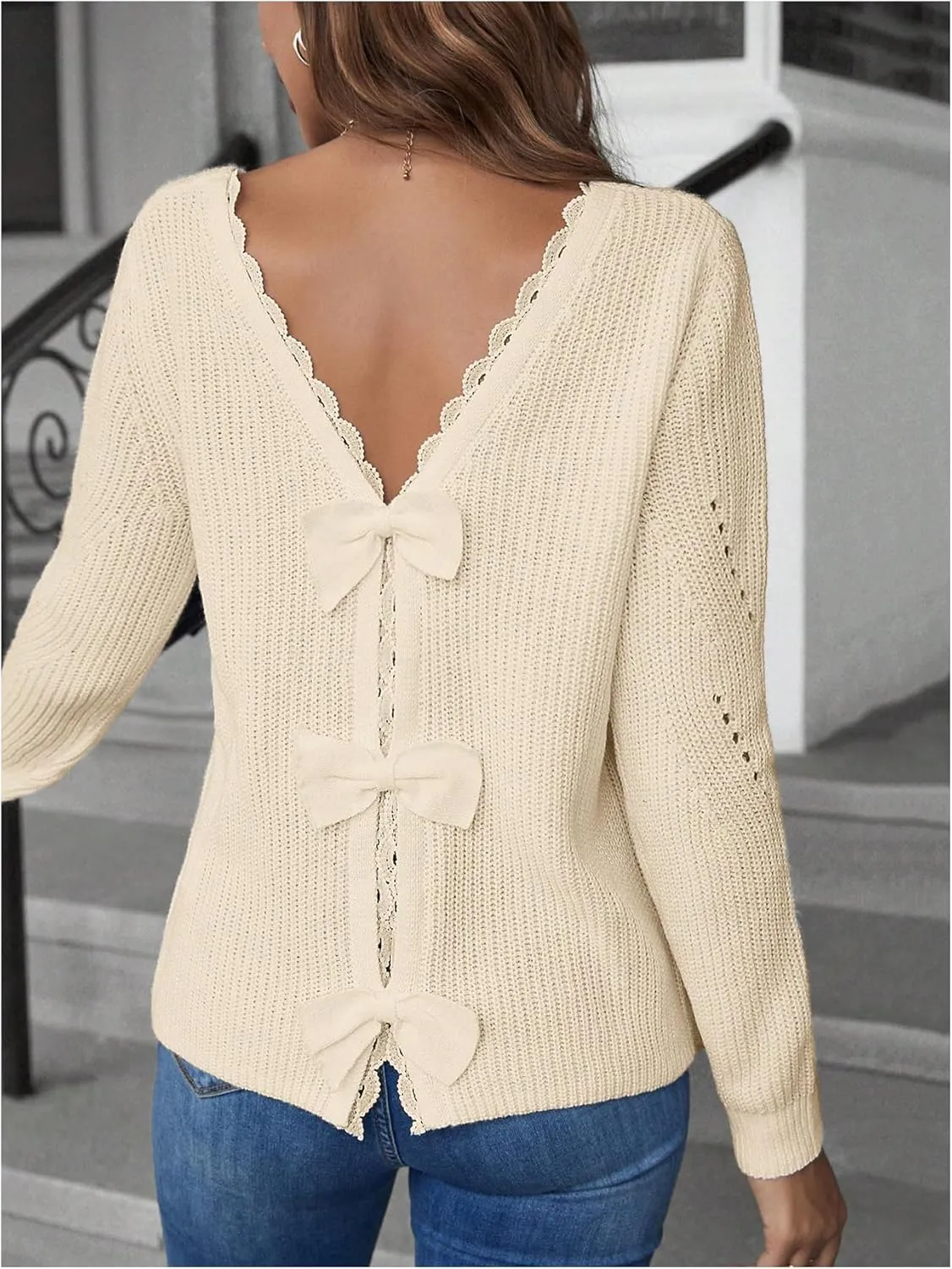 SOLY HUX Women's Sweaters Lace Bow Back Long Sleeve V Neck Pullover Casual Jumper Tops