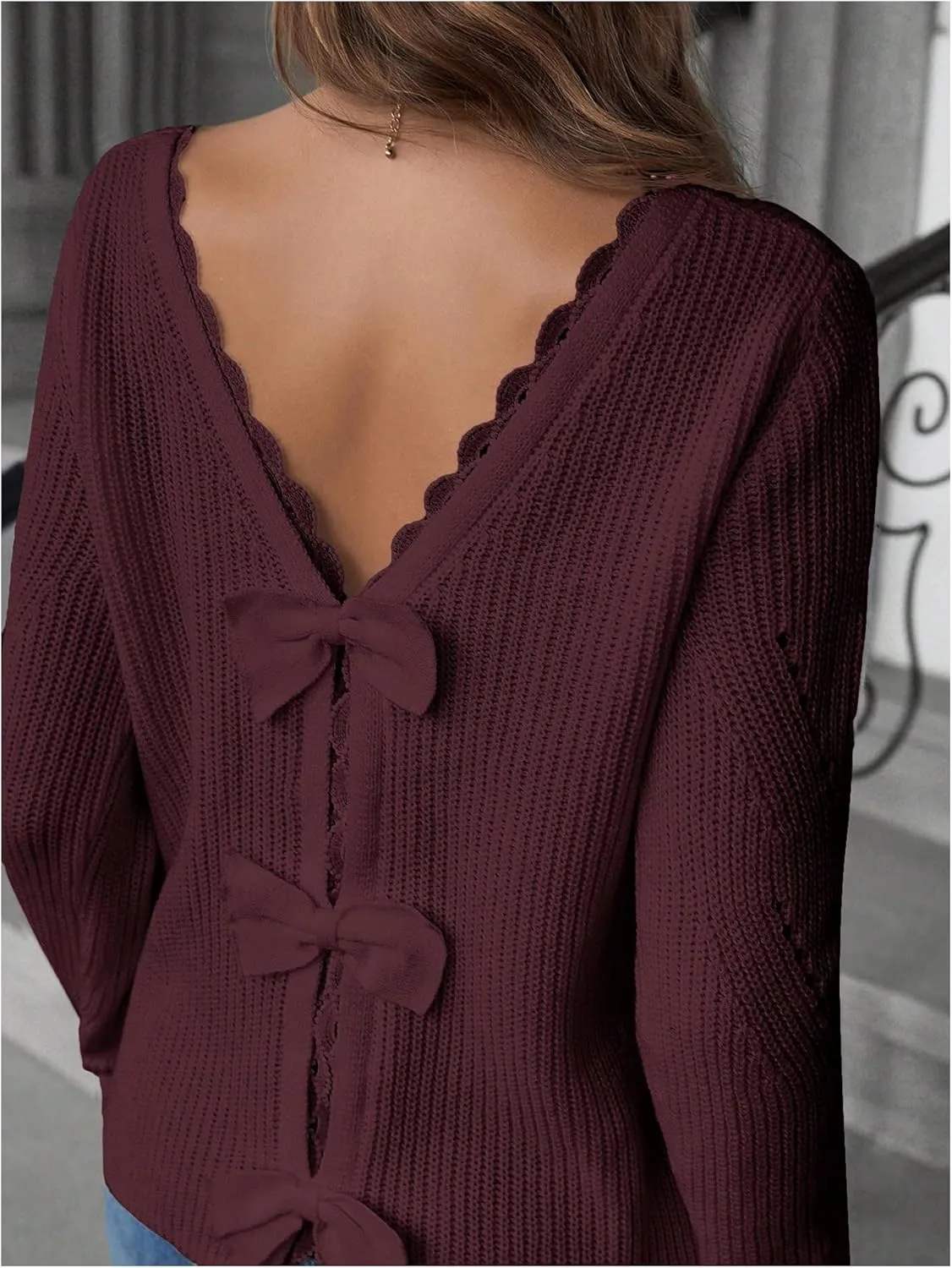 SOLY HUX Women's Sweaters Lace Bow Back Long Sleeve V Neck Pullover Casual Jumper Tops