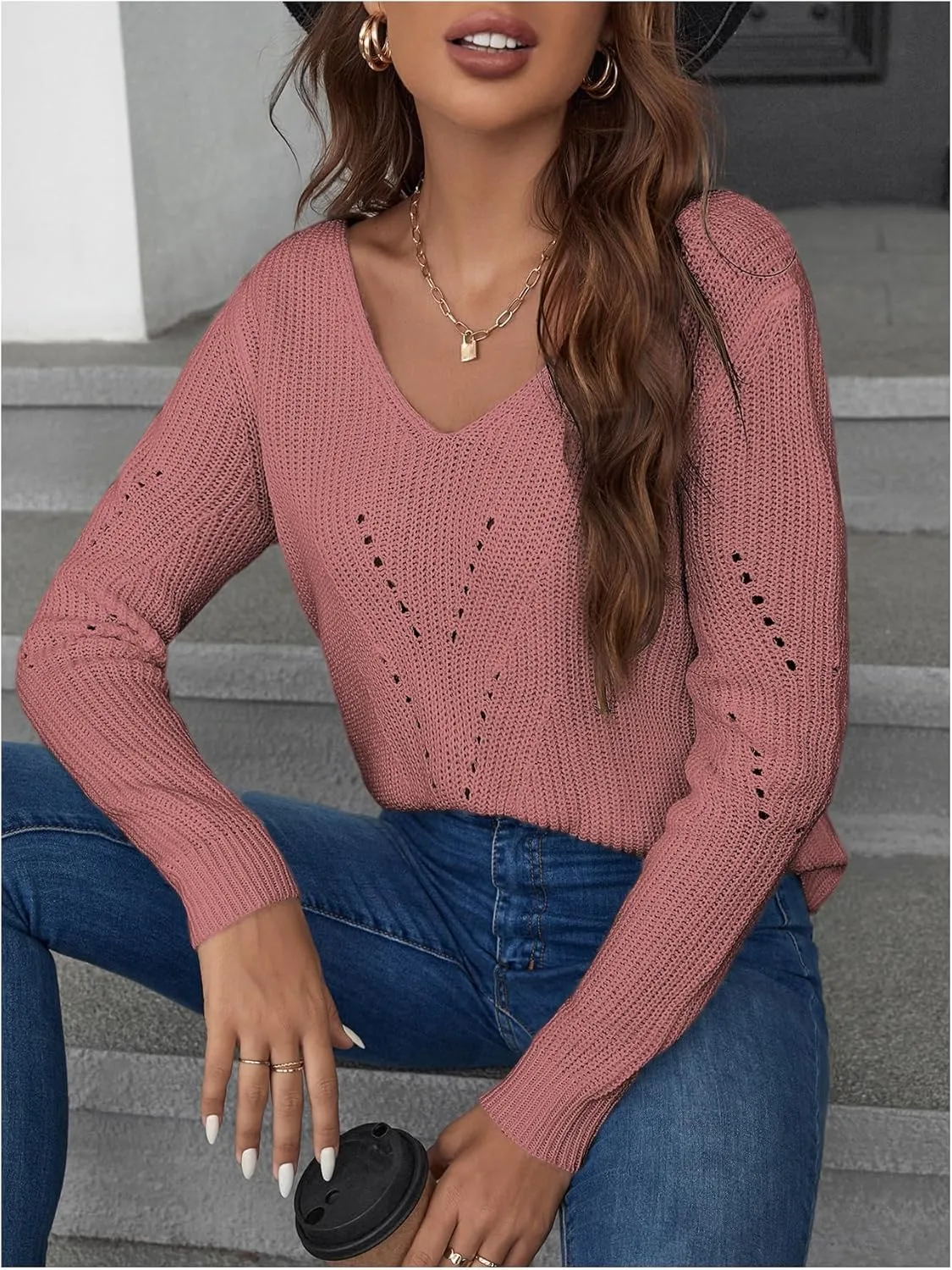 SOLY HUX Women's Sweaters Lace Bow Back Long Sleeve V Neck Pullover Casual Jumper Tops