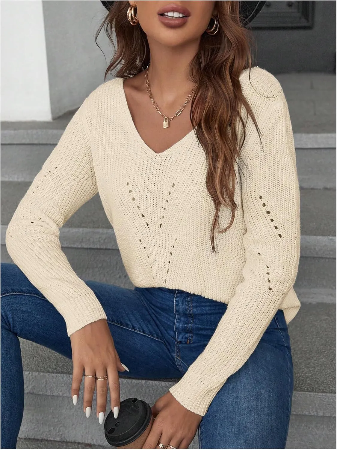 SOLY HUX Women's Sweaters Lace Bow Back Long Sleeve V Neck Pullover Casual Jumper Tops