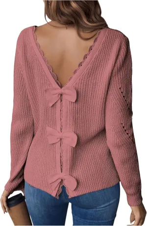 SOLY HUX Women's Sweaters Lace Bow Back Long Sleeve V Neck Pullover Casual Jumper Tops