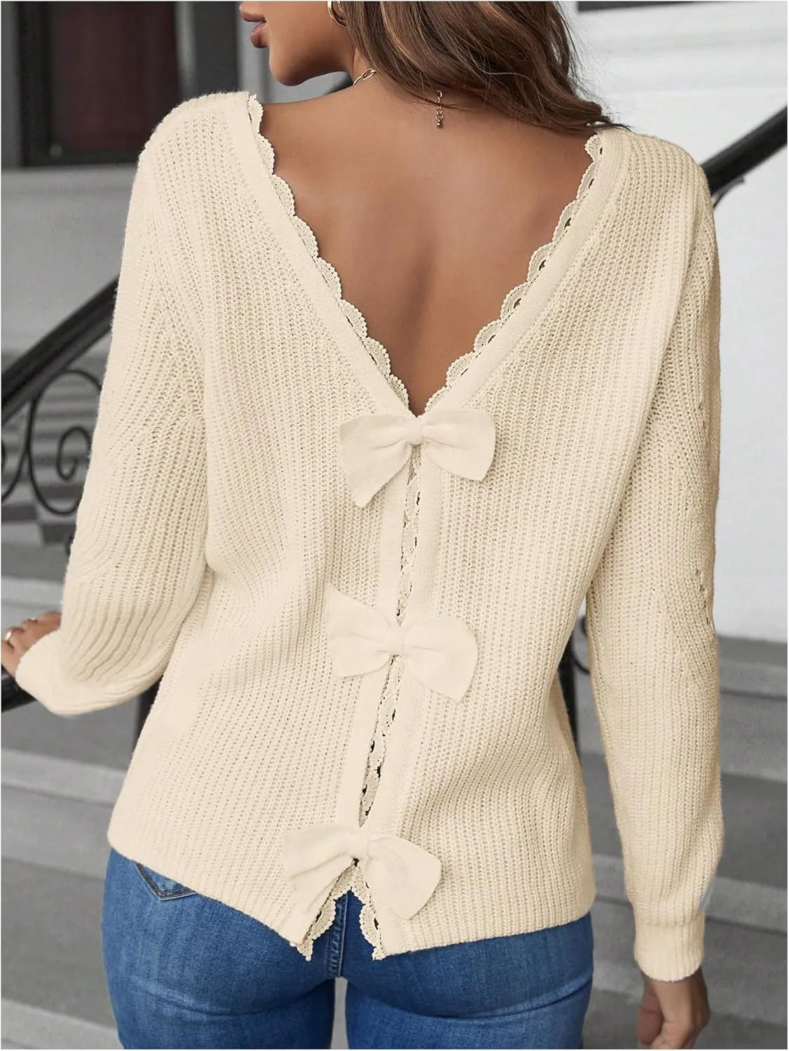 SOLY HUX Women's Sweaters Lace Bow Back Long Sleeve V Neck Pullover Casual Jumper Tops