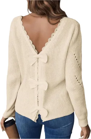 SOLY HUX Women's Sweaters Lace Bow Back Long Sleeve V Neck Pullover Casual Jumper Tops