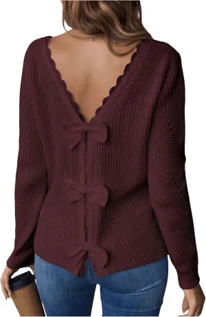 SOLY HUX Women's Sweaters Lace Bow Back Long Sleeve V Neck Pullover Casual Jumper Tops