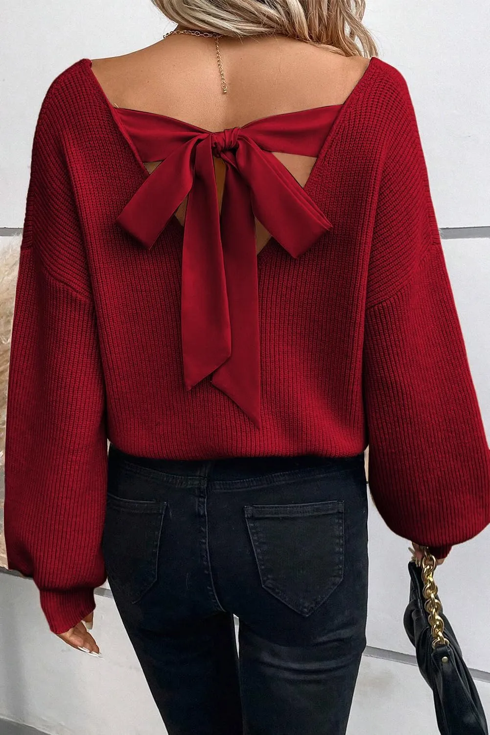 Spring Tops for Women 2025| Sexy, Deep V Neck, Bow, Backless, Long Sleeve, Oversized, Pullovers, Knit Sweater, S-XL