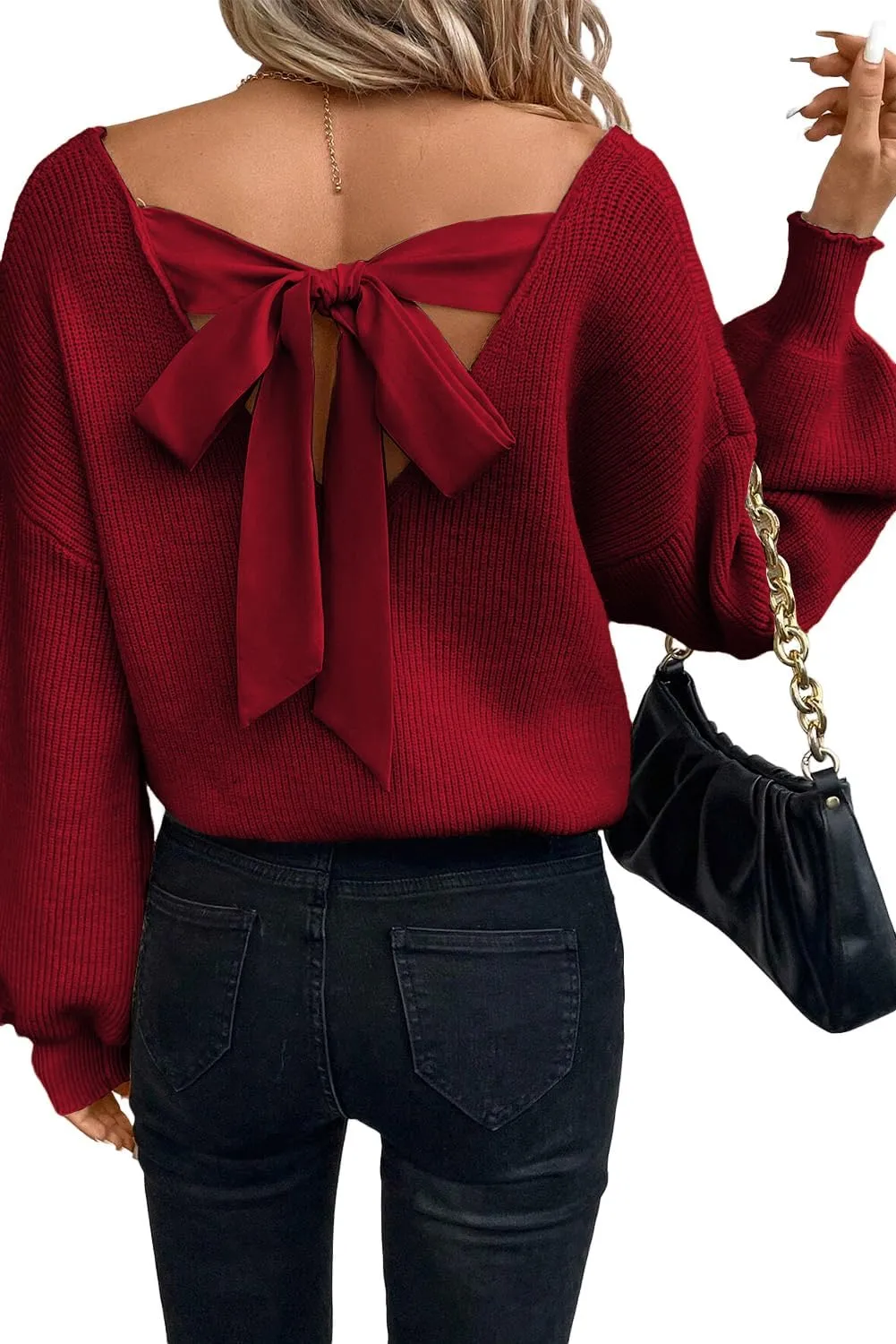 Spring Tops for Women 2025| Sexy, Deep V Neck, Bow, Backless, Long Sleeve, Oversized, Pullovers, Knit Sweater, S-XL