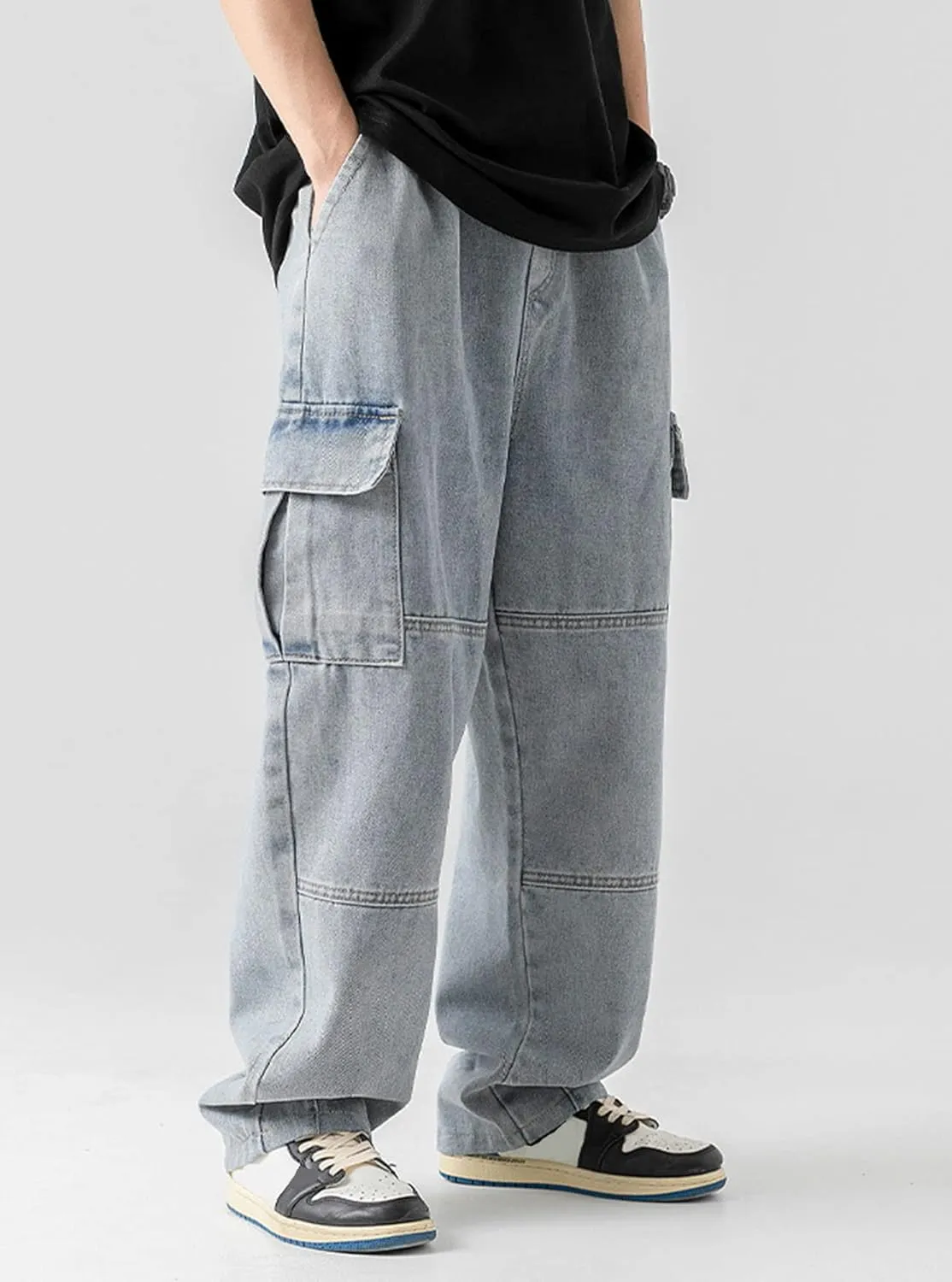 Streetwear Hip Hop Loose Elastic Waist Loose Fit Cargo Denim Joggers Pants Jeans