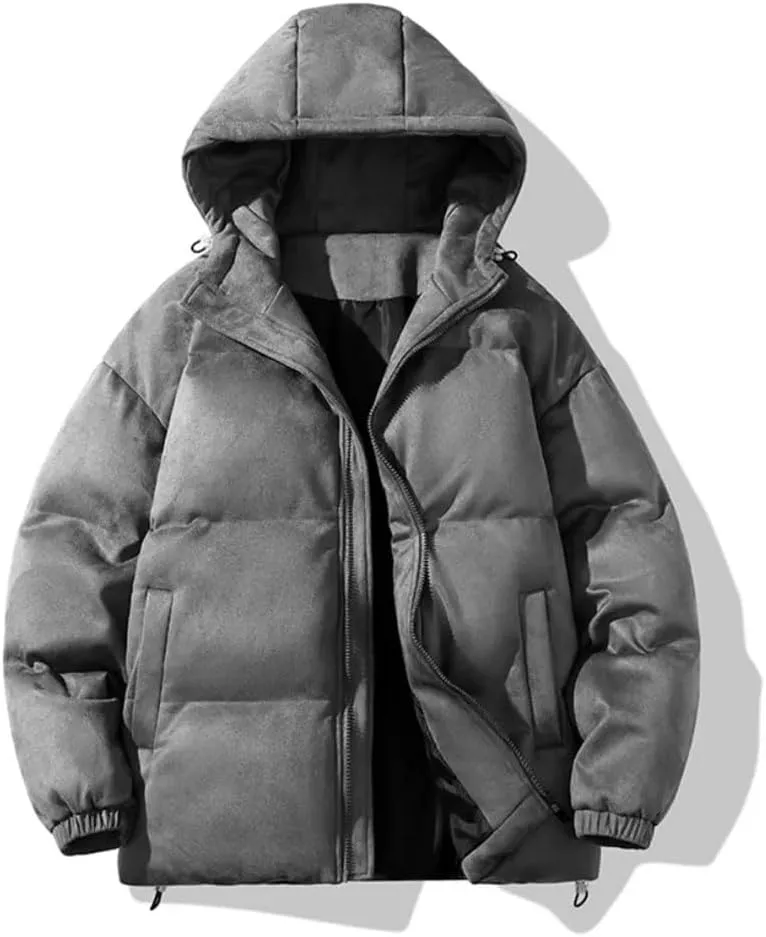 Suede Parka Hoodie Jacket Men Puffer Jacket With Cotton Padded Winter Coats Streetwear Thicken Warm Coats