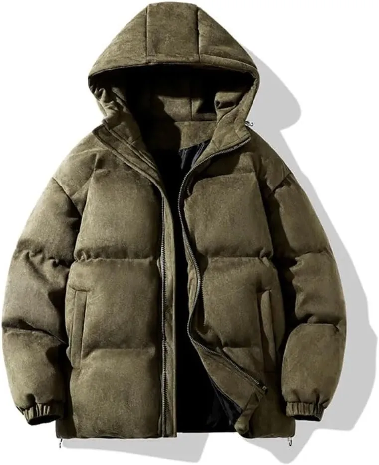 Suede Parka Hoodie Jacket Men Puffer Jacket With Cotton Padded Winter Coats Streetwear Thicken Warm Coats