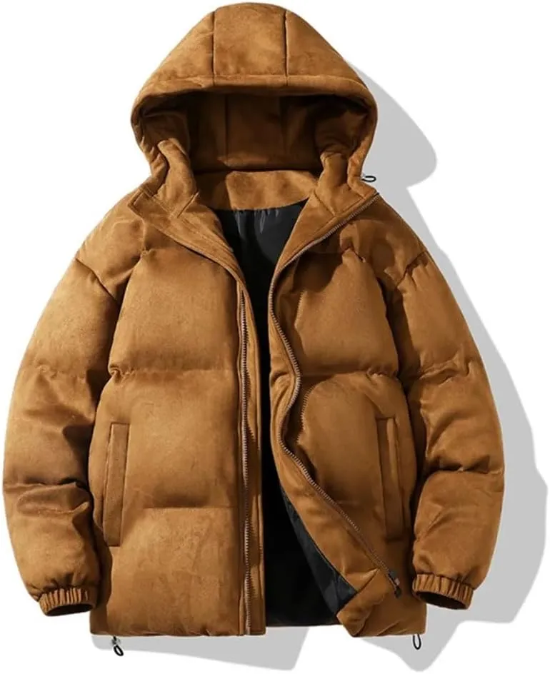 Suede Parka Hoodie Jacket Men Puffer Jacket With Cotton Padded Winter Coats Streetwear Thicken Warm Coats