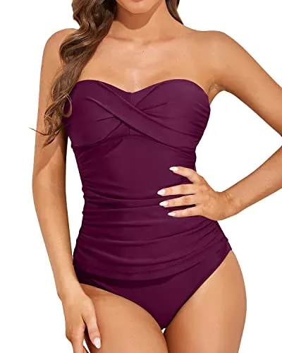 Supportive Push Up Bandeau Tankini Tops For Women-Maroon