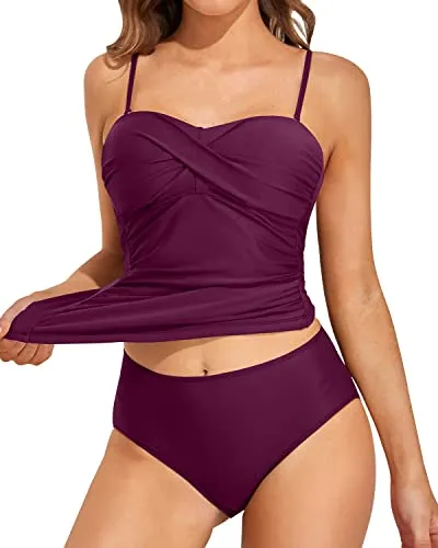 Supportive Push Up Bandeau Tankini Tops For Women-Maroon