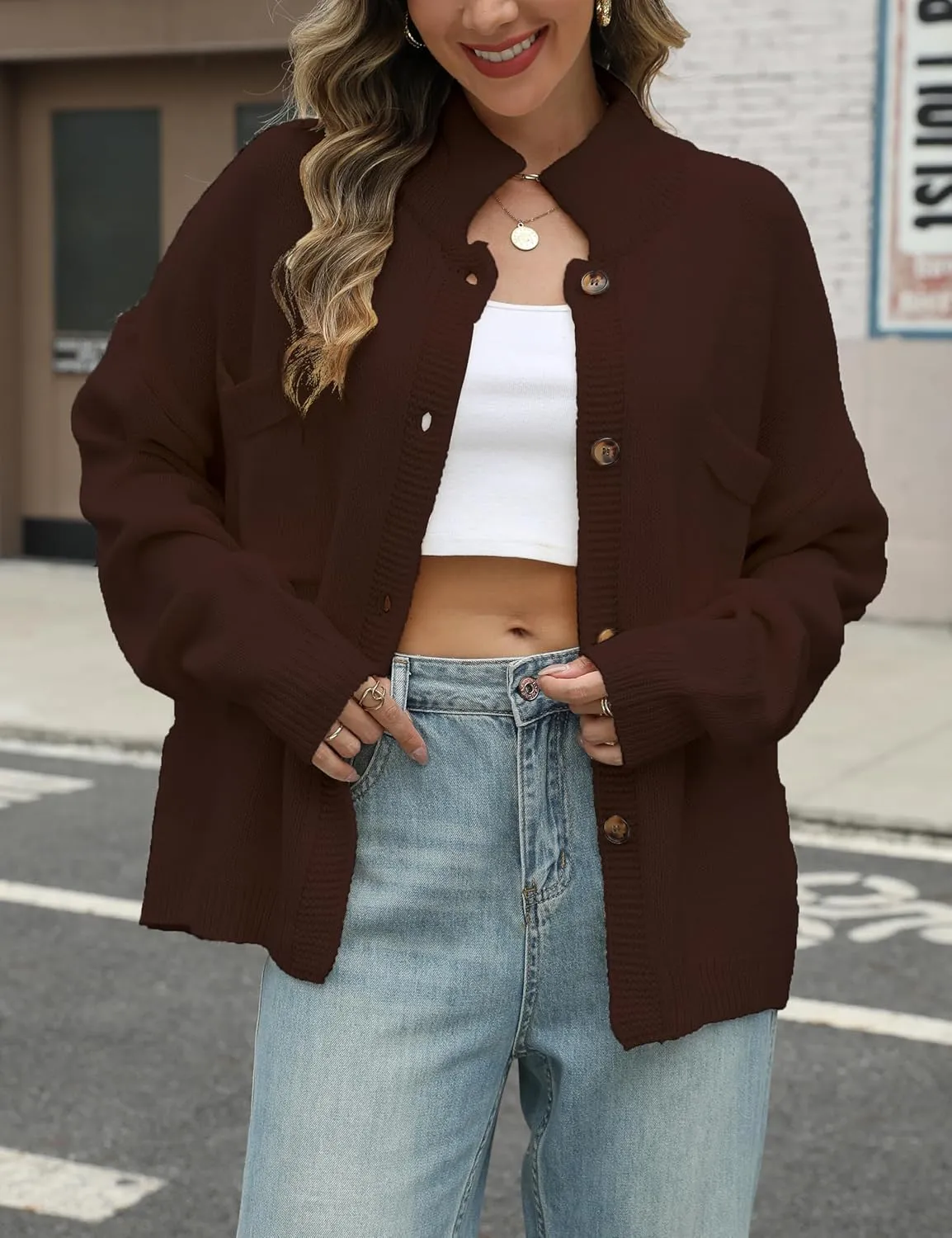 Sweater Cardigan Women Long Sleeve Fall Button Down Knit Tops Casual Loose Outerwear Coats