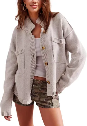 Sweater Cardigan Women Long Sleeve Fall Button Down Knit Tops Casual Loose Outerwear Coats