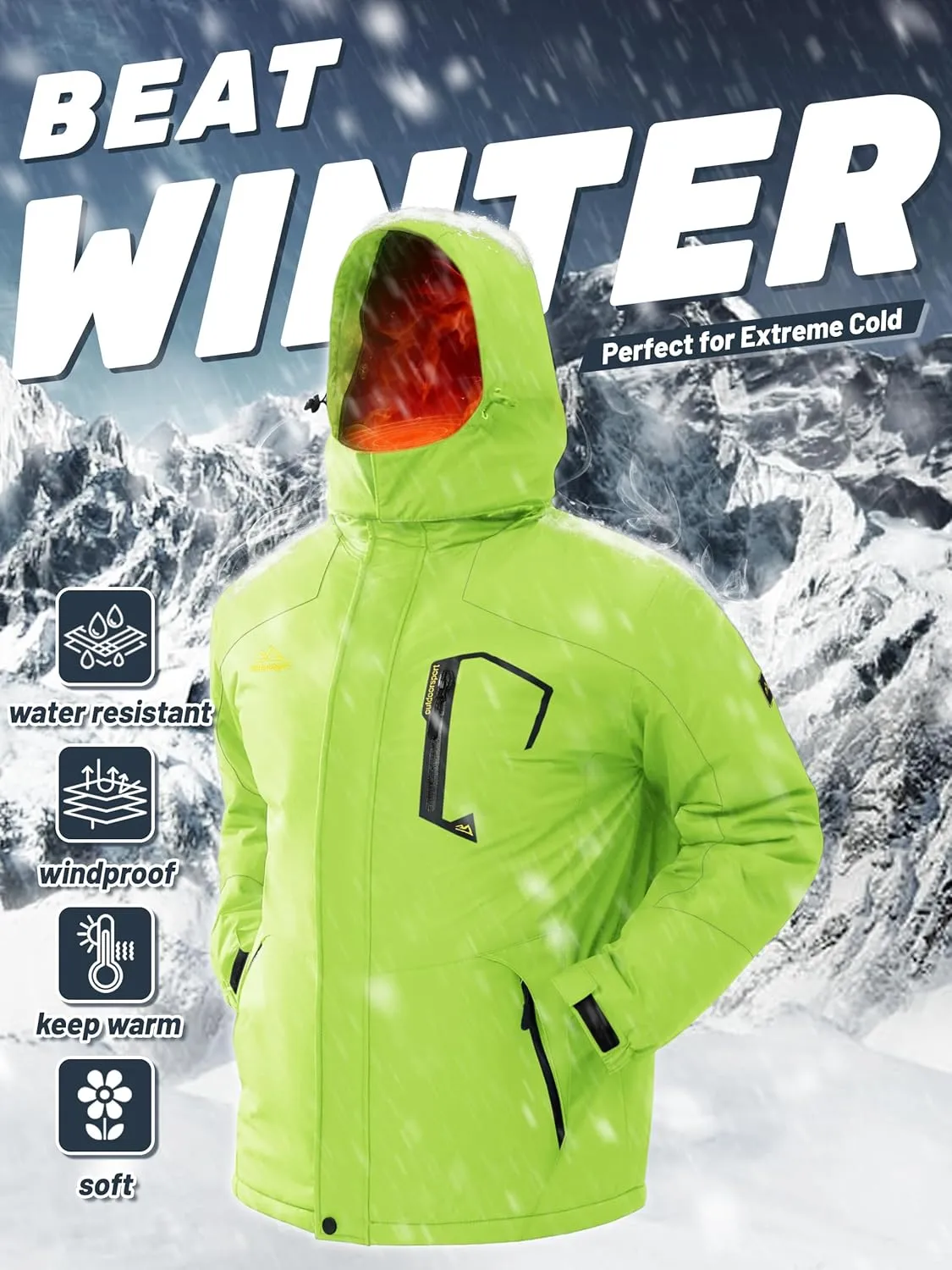 TACVASEN Men's Winter Skiing Jackets Water Resistant Fleece Coats Insulated Thermal Snowboard Jacket Parka Raincoat with Hood