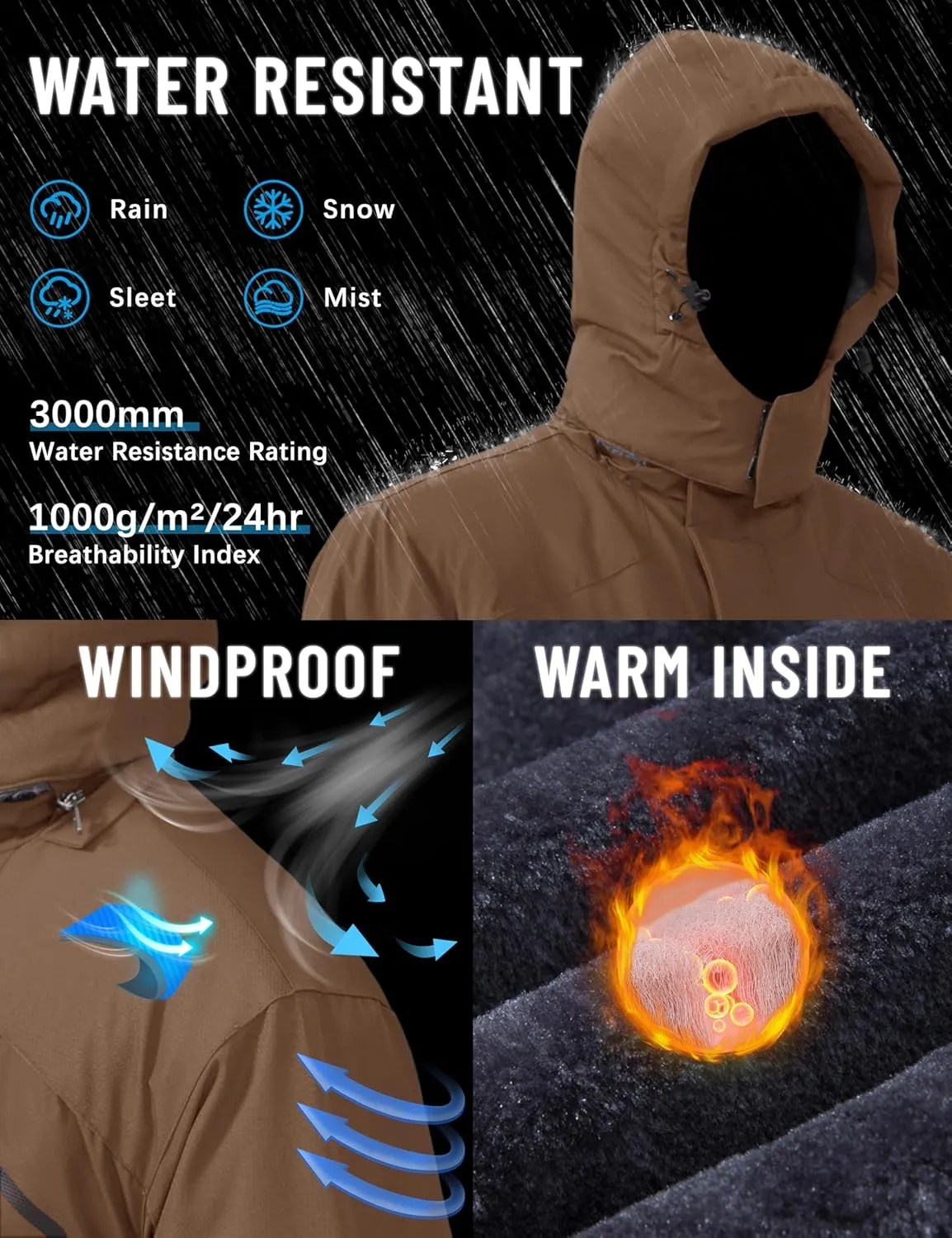TACVASEN Men's Winter Skiing Jackets Water Resistant Fleece Coats Insulated Thermal Snowboard Jacket Parka Raincoat with Hood