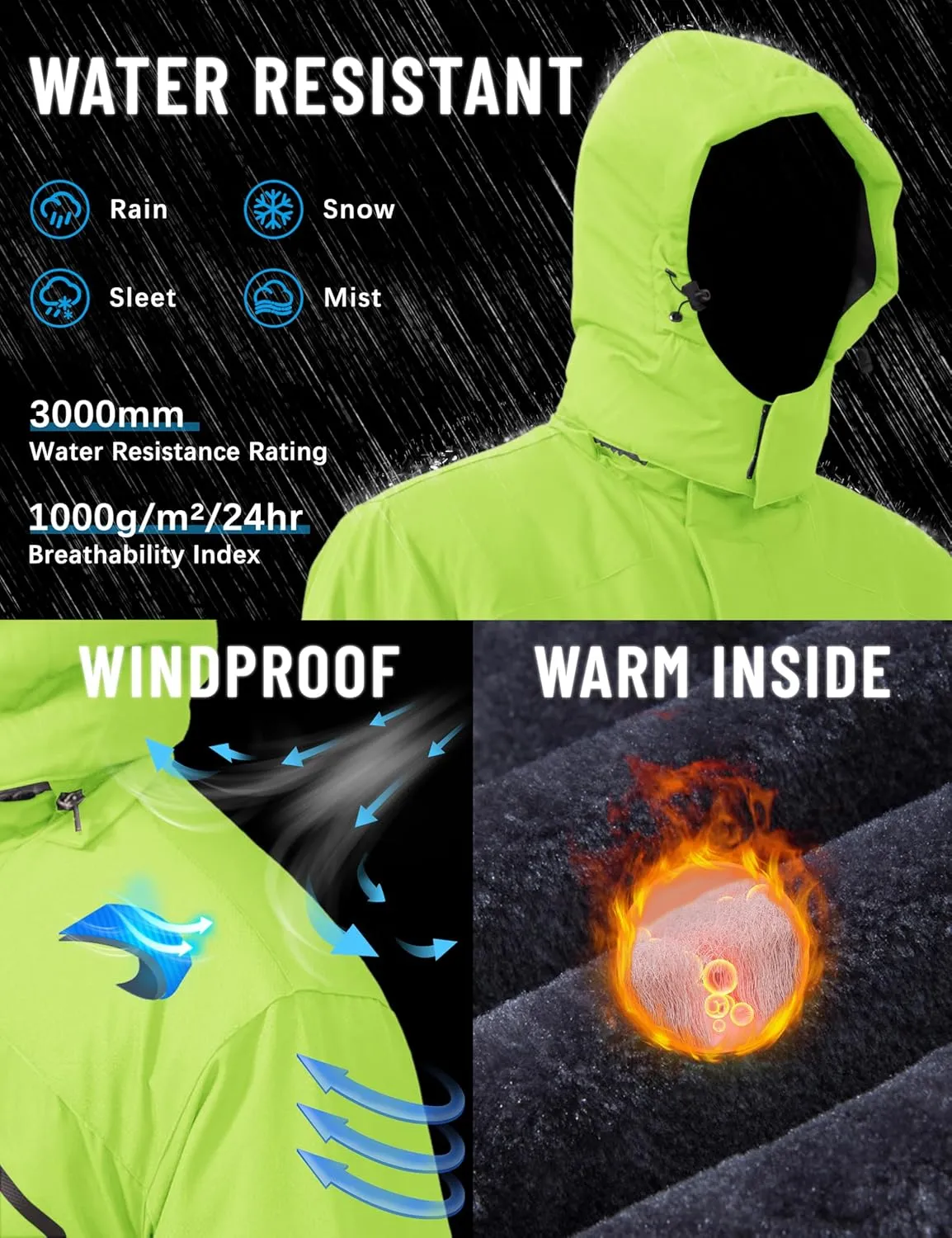 TACVASEN Men's Winter Skiing Jackets Water Resistant Fleece Coats Insulated Thermal Snowboard Jacket Parka Raincoat with Hood