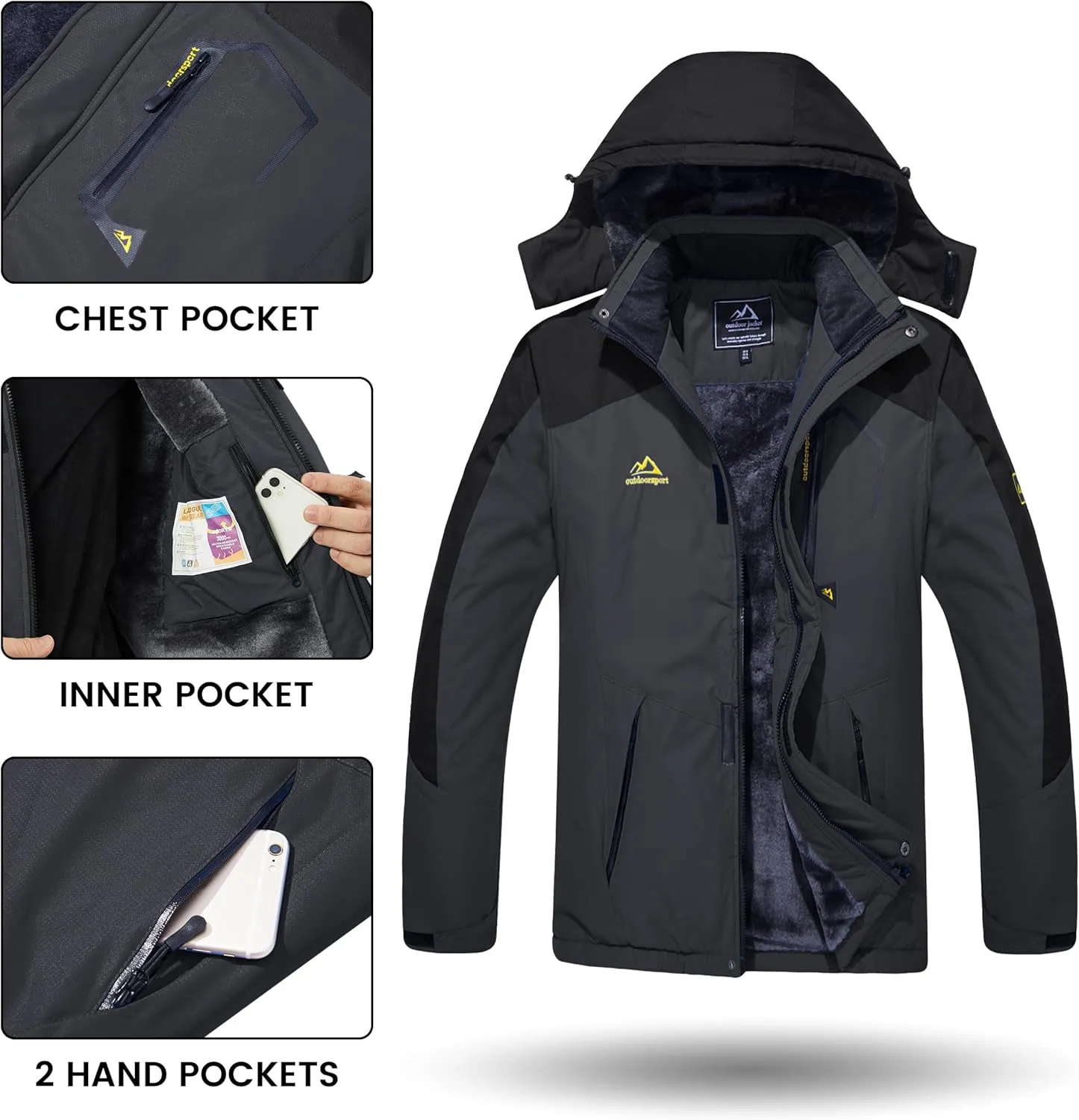 TACVASEN Men's Winter Skiing Jackets Water Resistant Fleece Coats Insulated Thermal Snowboard Jacket Parka Raincoat with Hood