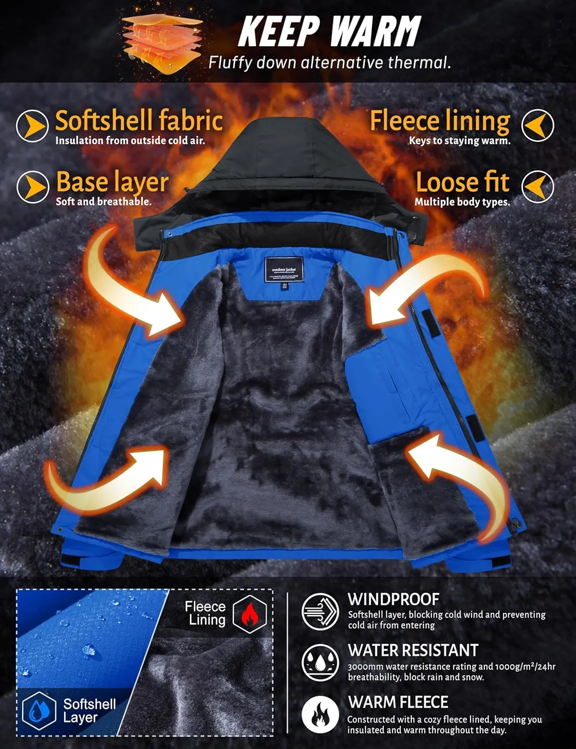 TACVASEN Men's Winter Skiing Jackets Water Resistant Fleece Coats Insulated Thermal Snowboard Jacket Parka Raincoat with Hood