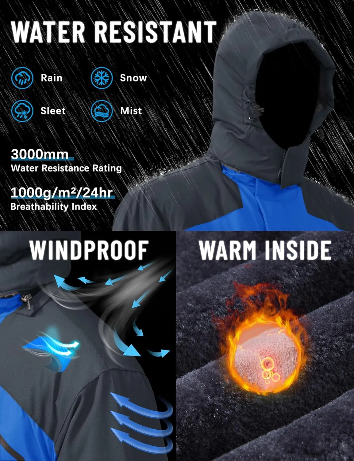 TACVASEN Men's Winter Skiing Jackets Water Resistant Fleece Coats Insulated Thermal Snowboard Jacket Parka Raincoat with Hood
