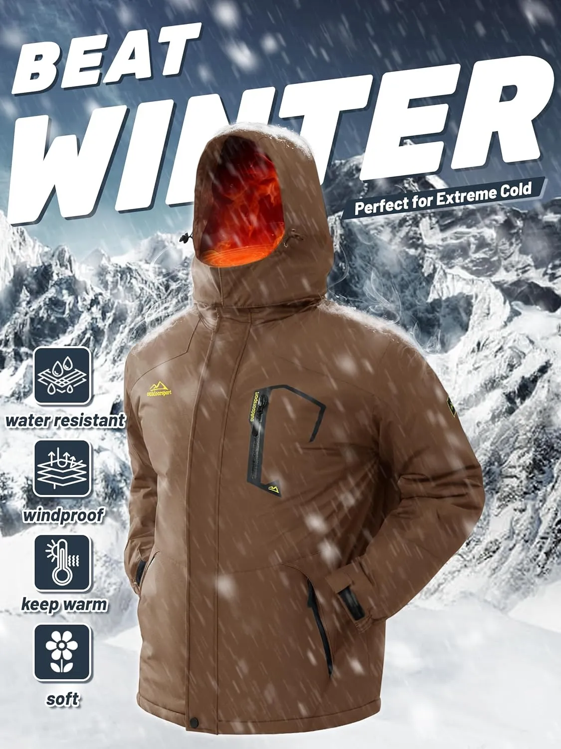 TACVASEN Men's Winter Skiing Jackets Water Resistant Fleece Coats Insulated Thermal Snowboard Jacket Parka Raincoat with Hood