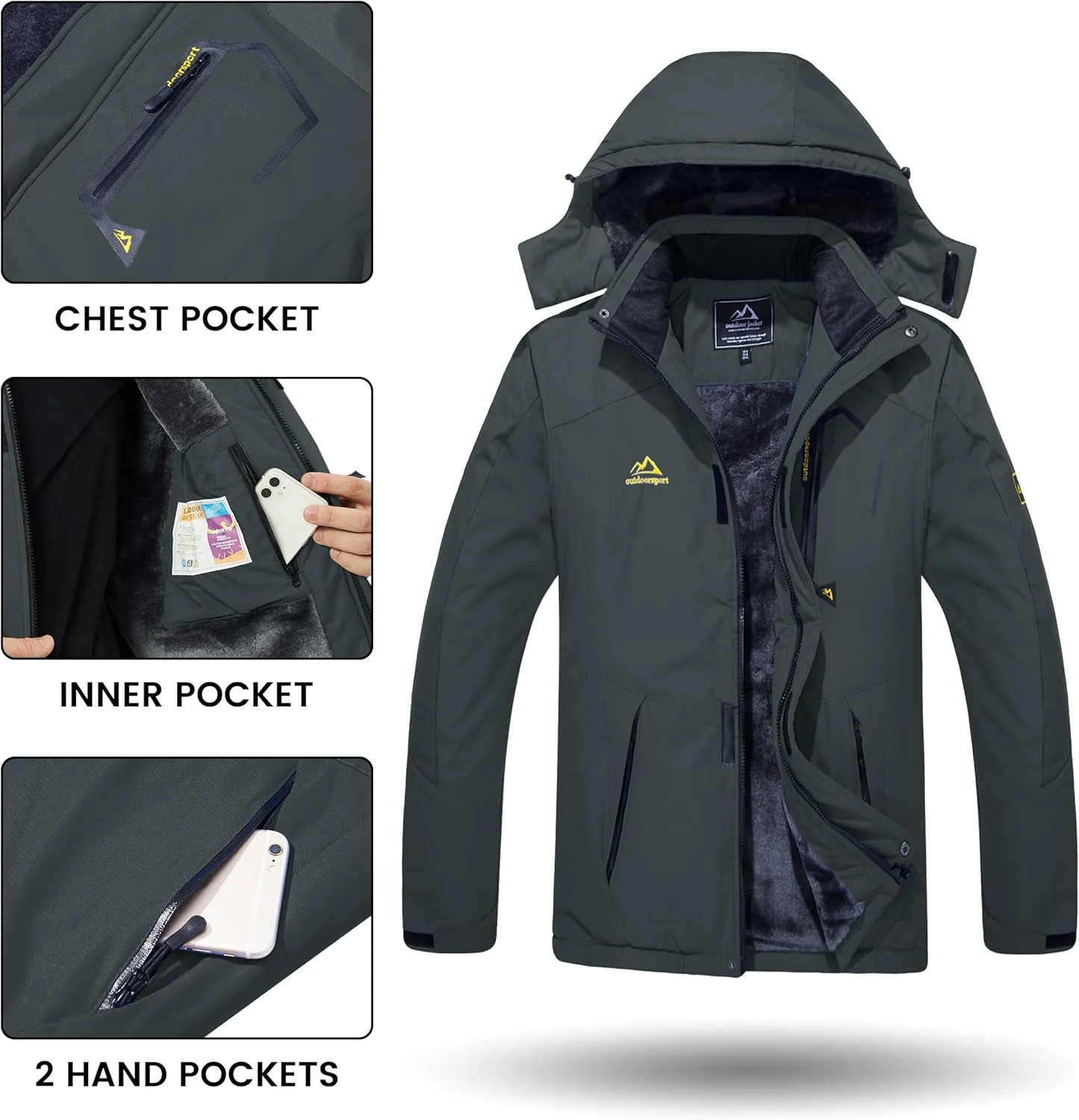 TACVASEN Men's Winter Skiing Jackets Water Resistant Fleece Coats Insulated Thermal Snowboard Jacket Parka Raincoat with Hood