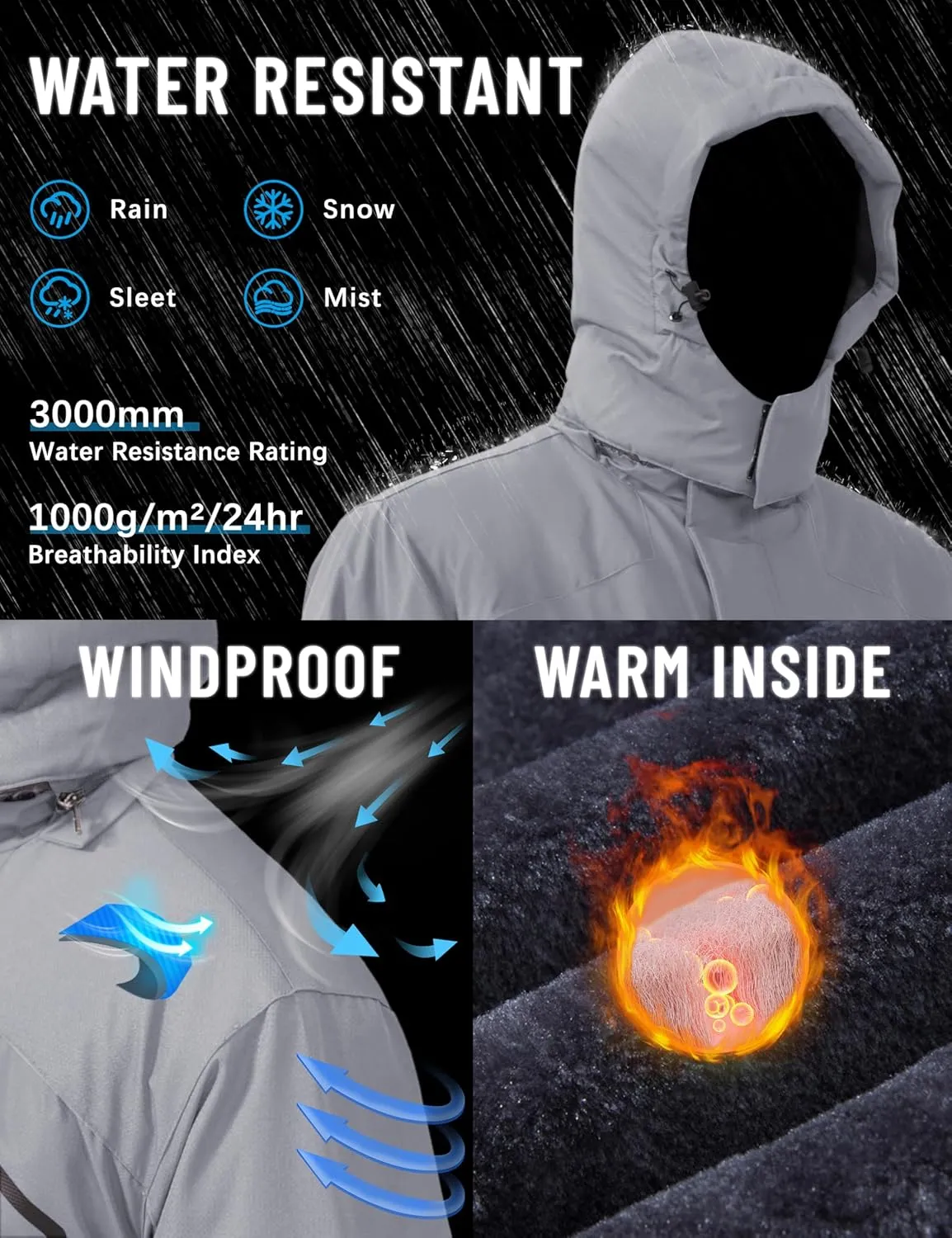 TACVASEN Men's Winter Skiing Jackets Water Resistant Fleece Coats Insulated Thermal Snowboard Jacket Parka Raincoat with Hood