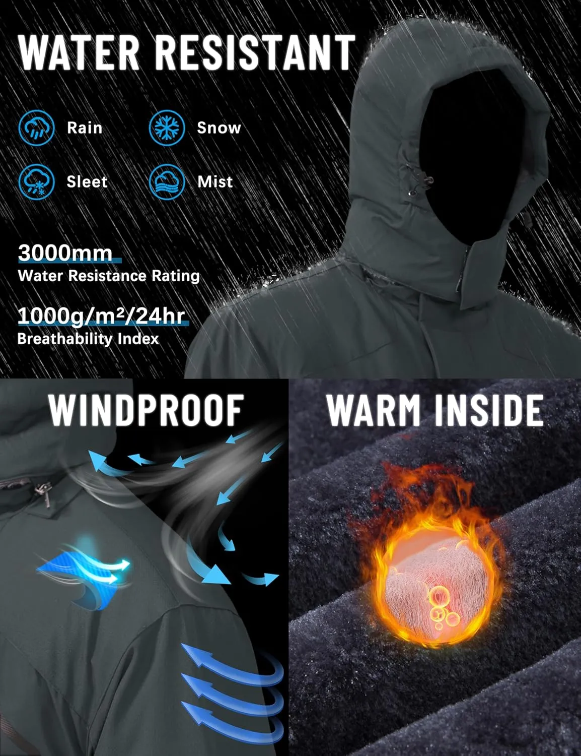 TACVASEN Men's Winter Skiing Jackets Water Resistant Fleece Coats Insulated Thermal Snowboard Jacket Parka Raincoat with Hood