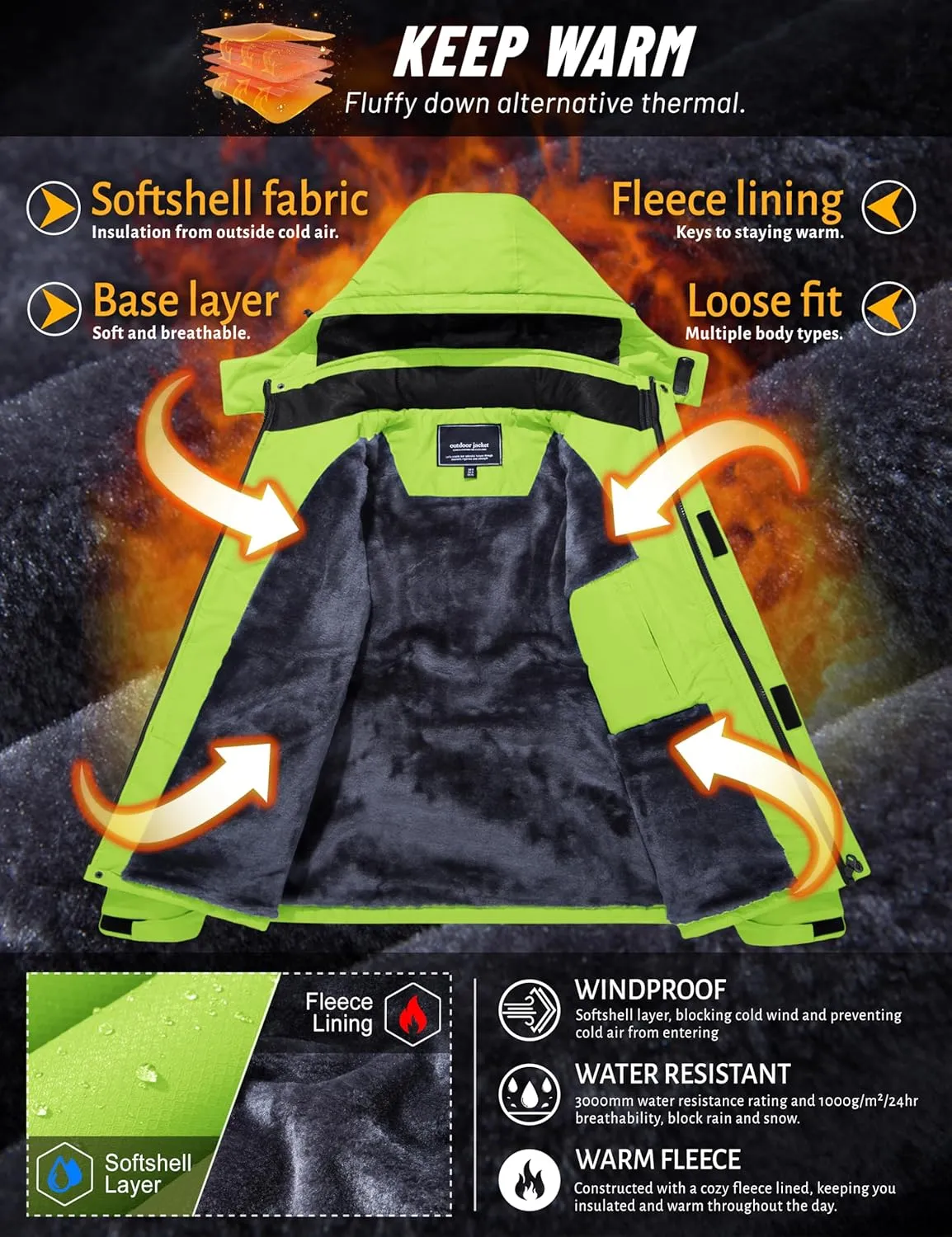 TACVASEN Men's Winter Skiing Jackets Water Resistant Fleece Coats Insulated Thermal Snowboard Jacket Parka Raincoat with Hood