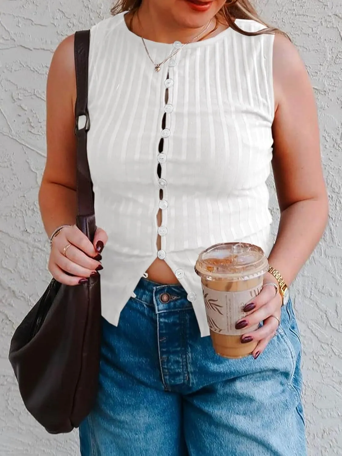Tankaneo Womens Going Out Tops Summer Cute Ribbed Tank Crop Button Up Vest Top Y2K Sexy Outfits